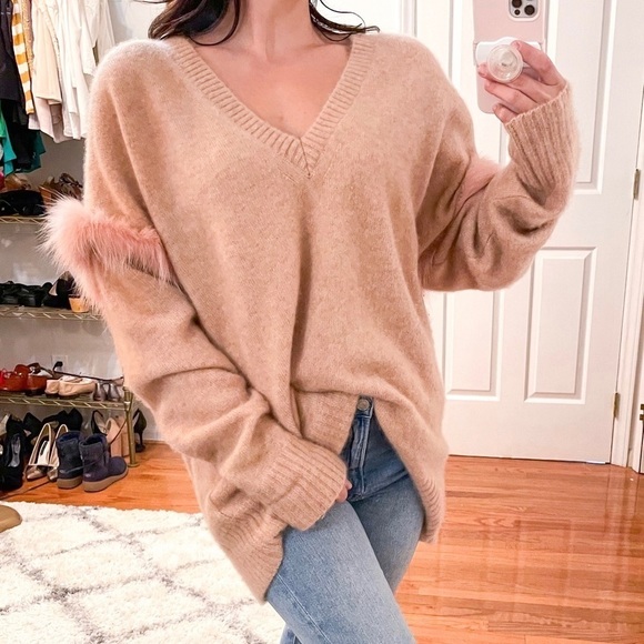 LAPOINTE Fox Fur Trim V Neck Cashmere Silk Pullover Sweater M/L - Picture 2 of 11